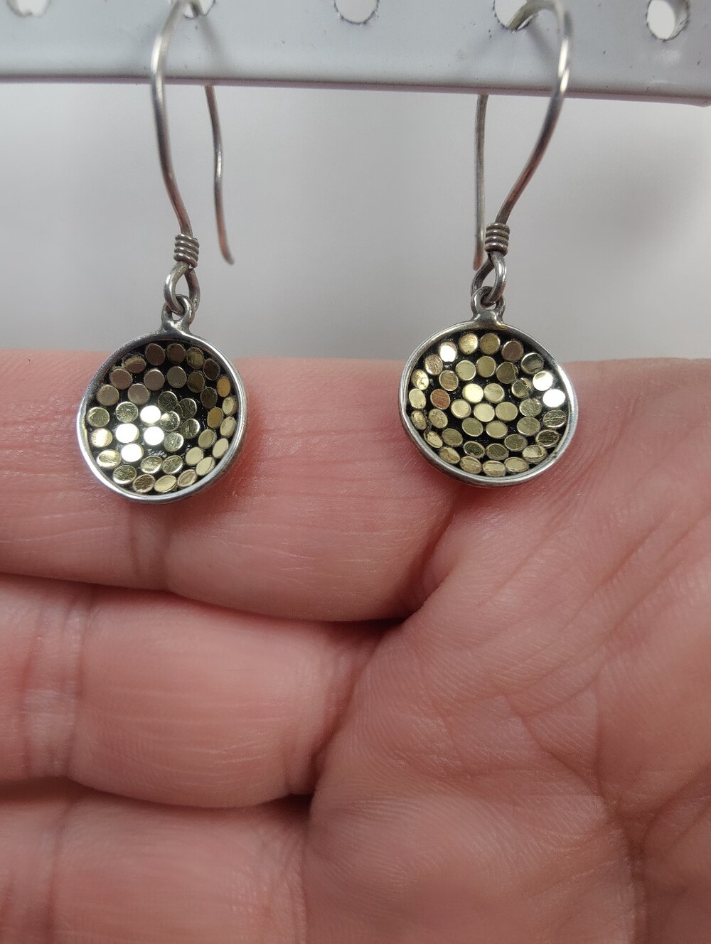925 Sterling Silver Gold Plated Dot Disc Dangle Earrings Mixed Metal - Picture 6 of 12